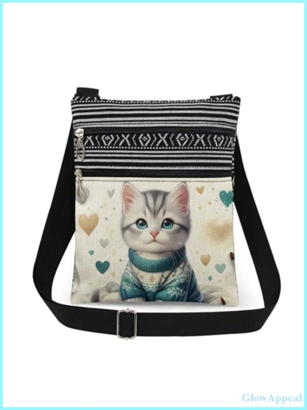 Polyester Cat Crossbody Bag Adjustable Strap Double Zipper Unisex